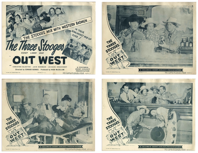 Complete Set of 4 Lobby Cards for the 1947 Three Stooges Film ''Out West'' -- Each Measures 14'' x 11'' -- Mild Toning, Creasing & Wear, With Some Moisture Exposure to Tops; Very Good Condition